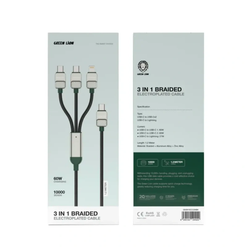 Green Lion 3-in-1 Braided Electroplated USB-C to C & Lightning 1.2M Cable – Black & Green - Image 2