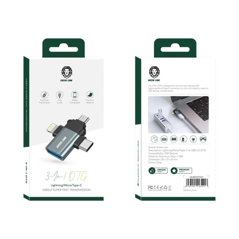 Green Lion 3-in-1 OTG Cable Lightning Micro USB & USB-C – Gray - Image 2