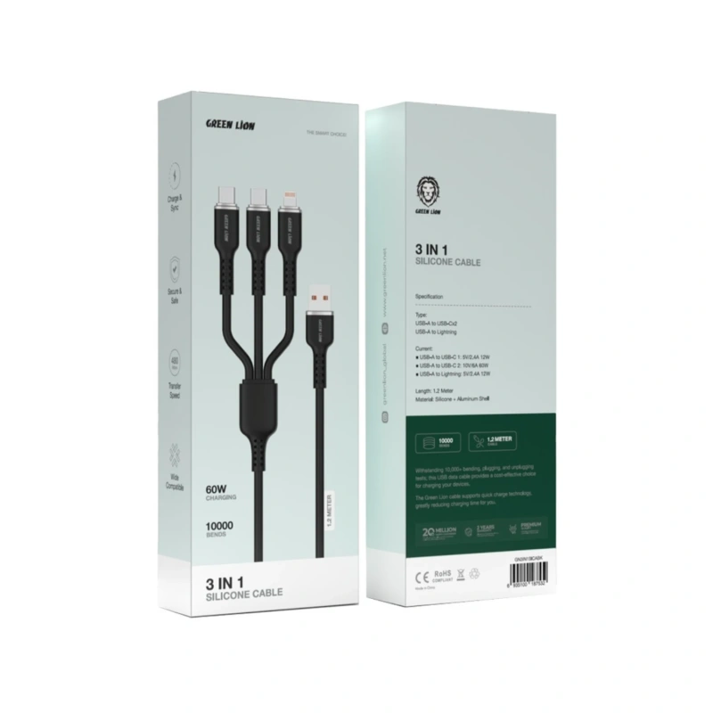 Green Lion 3-in-1 USB-A to USB-C & Lightning 1M 27W Cable – Black - Image 2