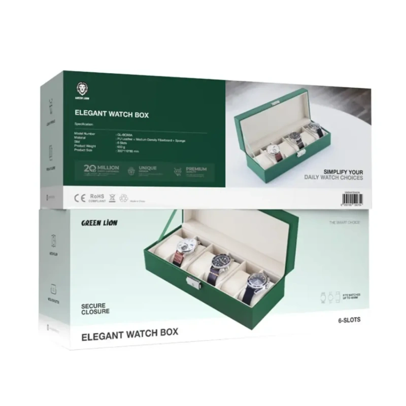 Green Lion Classic 6-Slot Watch Display Box with Glass Lid – Green - Image 2