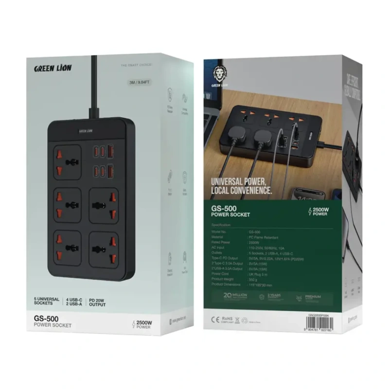 Green Lion GS-500 Multi-Port Power Socket with PD 20W – Black - Image 2