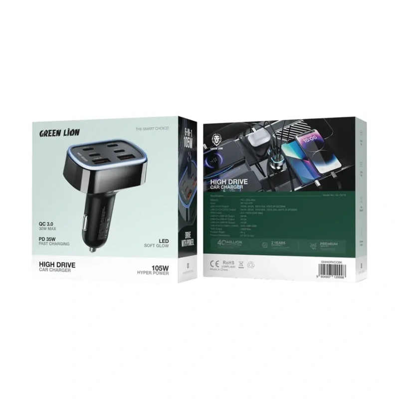 Green Lion High Drive 105W Car Charger PD 35W – Black - Image 3