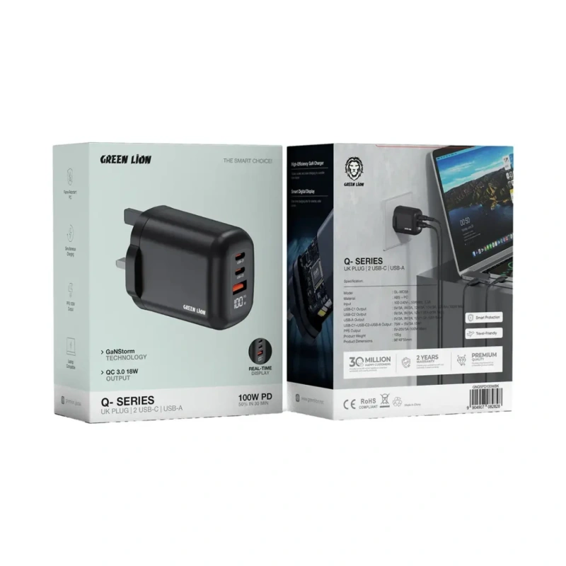 Green Lion Q-Series 100W GaN UK Wall Charger USB-A & Dual USB-C – Black - Image 3