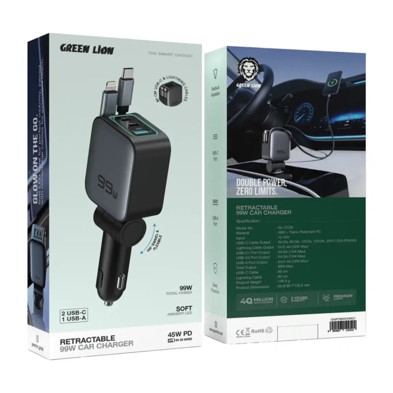 Green Lion Retractable 99W Car Charger PD 45W – Black - Image 4