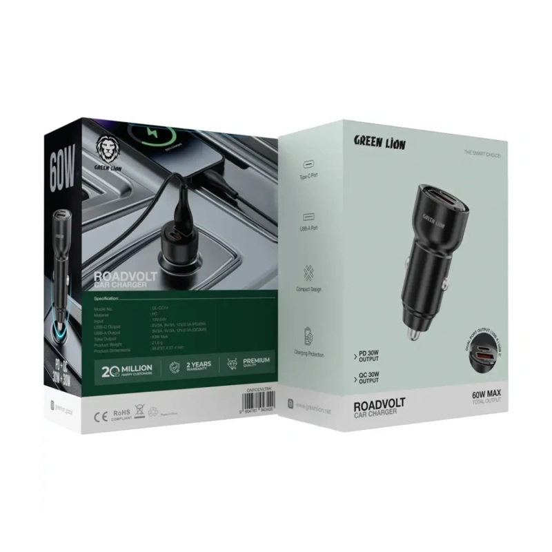 Green Lion RoadVolt 60W Car Charger PD & QC – Black - Image 4