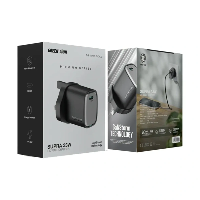 Green Lion Supra 33W GaN UK Wall Charger with USB-C to USB-C Cable – Black - Image 3