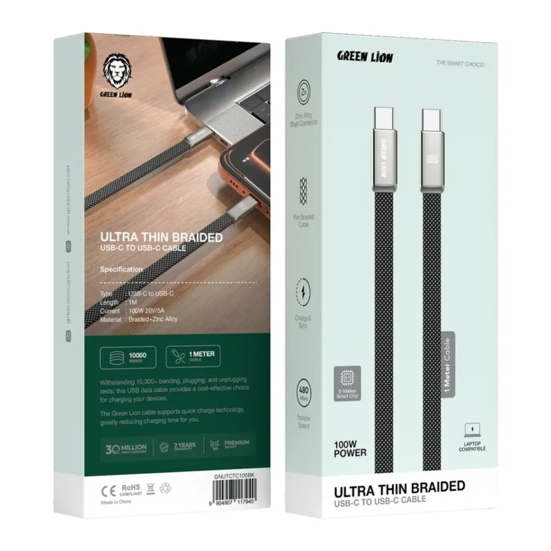 Green Lion Ultra-Thin Braided USB-C to USB-C 100W Cable 1M – Black - Image 3