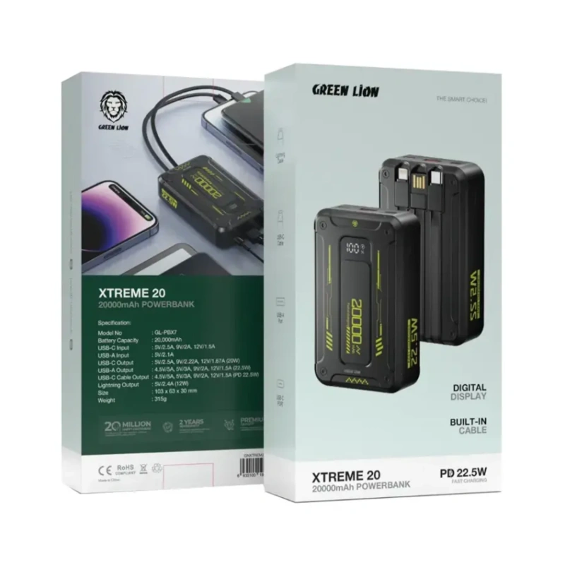 Green Lion Xtreme 20,000mAh Power Bank PD 22.5W – Black - Image 2