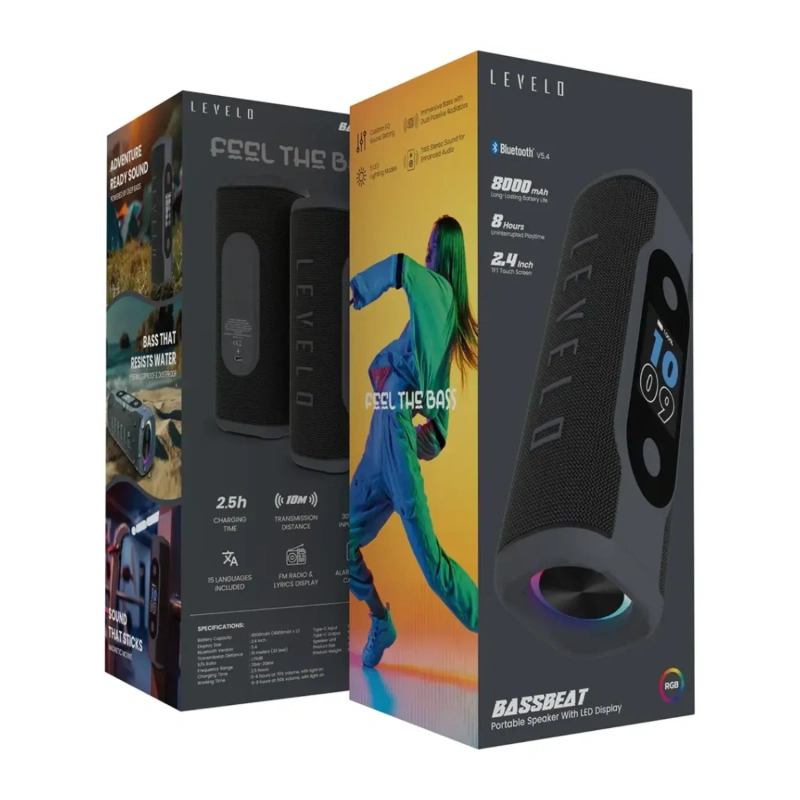 Levelo BassBeat Portable Bluetooth Speaker with Display – Black - Image 4