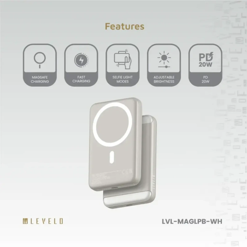 Levelo MagLight 8,000mAh Portable Power Bank with Built-in Light – White - Image 2