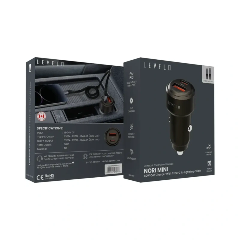 Levelo Nori Mini 60W Car Charger with USB-C to Lightning Cable – Gun Grey - Image 3