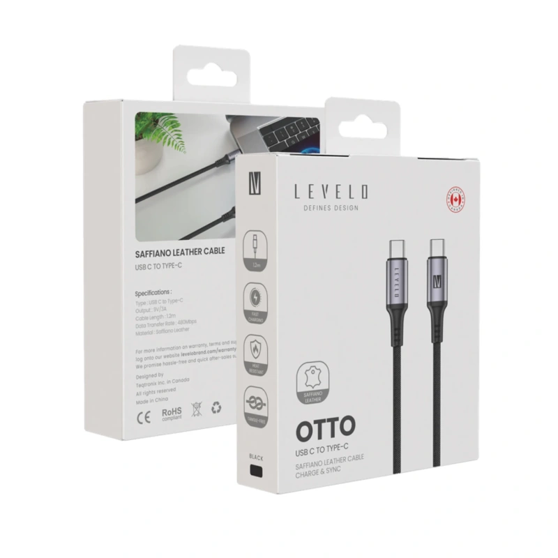 Levelo Otto Leather USB-C to USB-C 60W Cable 1.2M – Black - Image 3