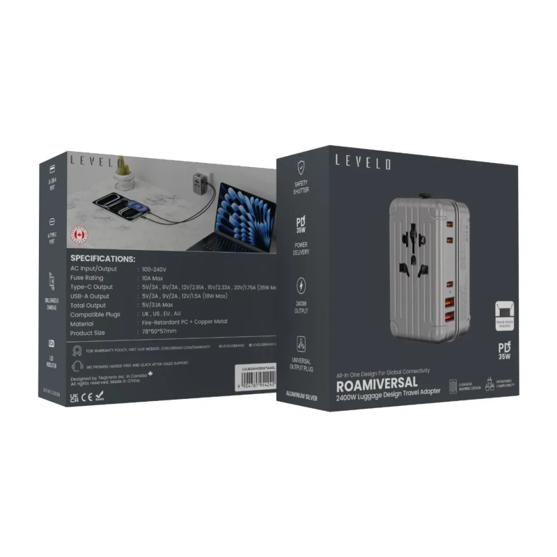 Levelo Roamiversal 35W Luggage Design Universal Travel Adapter – Aluminum Silver - Image 6