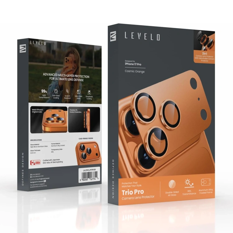 Levelo Trio Pro 2-in-1 Camera Lens Protector for iPhone 17 Pro Max – Orange - Image 6