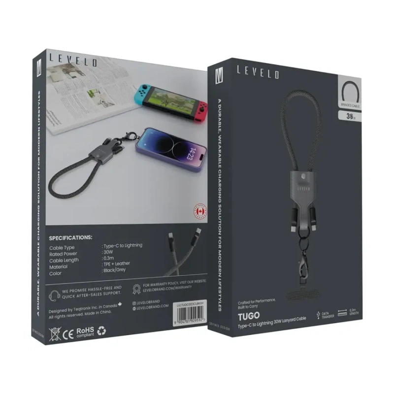 Levelo Tugo USB-C to Lightning 30W Braided Lanyard Cable 0.3M – Black & Grey - Image 5