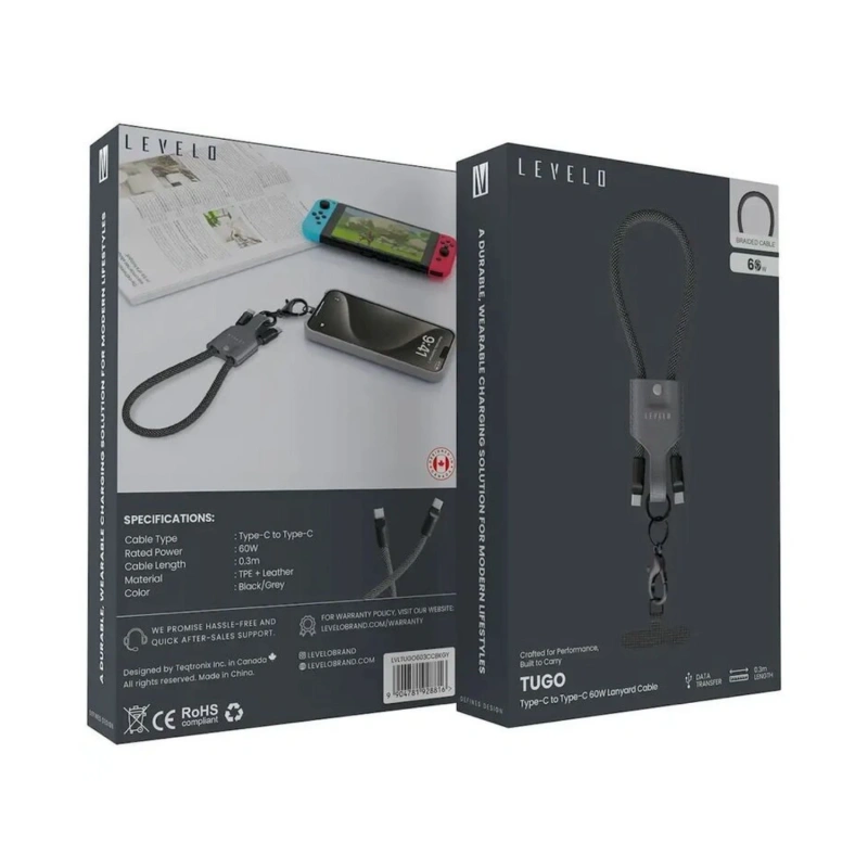 Levelo Tugo USB-C to USB-C 60W Braided Lanyard Cable 0.3M – Black & Grey - Image 4