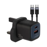 Levelo Vero 20W GaN UK Wall Adapter USB-A & USB-C with Cable – Black