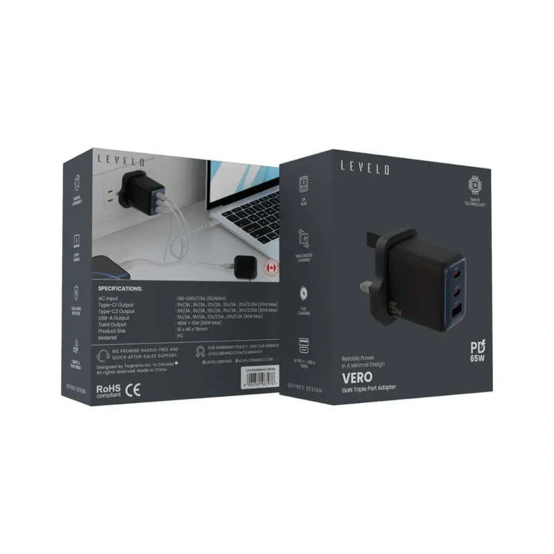 Levelo Vero 65W GaN UK Wall Adapter Dual USB-C & USB-A – Black - Image 3