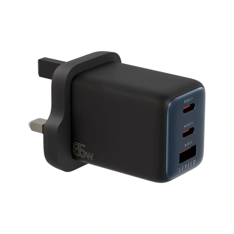 Levelo Vero 65W GaN UK Wall Adapter Dual USB-C & USB-A – Black - Image 2