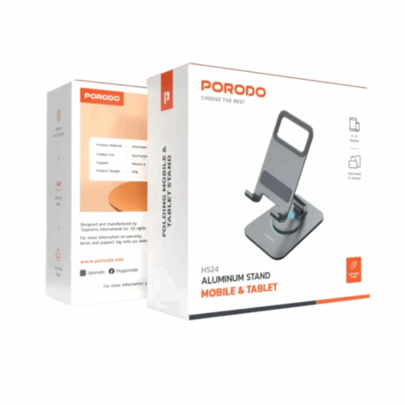 Porodo Adjustable Folding Aluminium Phone Holder with Carbon Steel & Silicone Pad – Grey - Image 2
