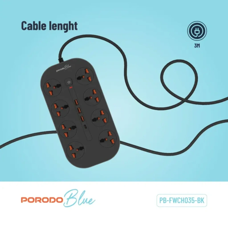 Porodo Blue 8-Outlet AC Power Socket with USB-C & USB-A Ports UK 3m – Black - Image 5