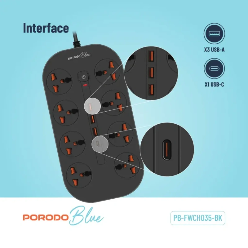 Porodo Blue 8-Outlet AC Power Socket with USB-C & USB-A Ports UK 3m – Black - Image 3