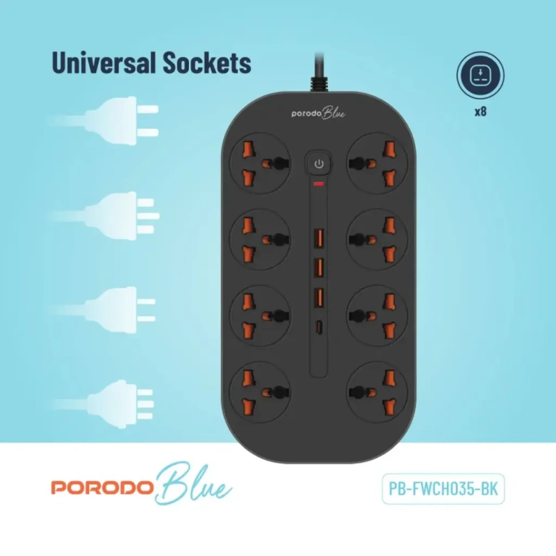 Porodo Blue 8-Outlet AC Power Socket with USB-C & USB-A Ports UK 3m – Black - Image 4