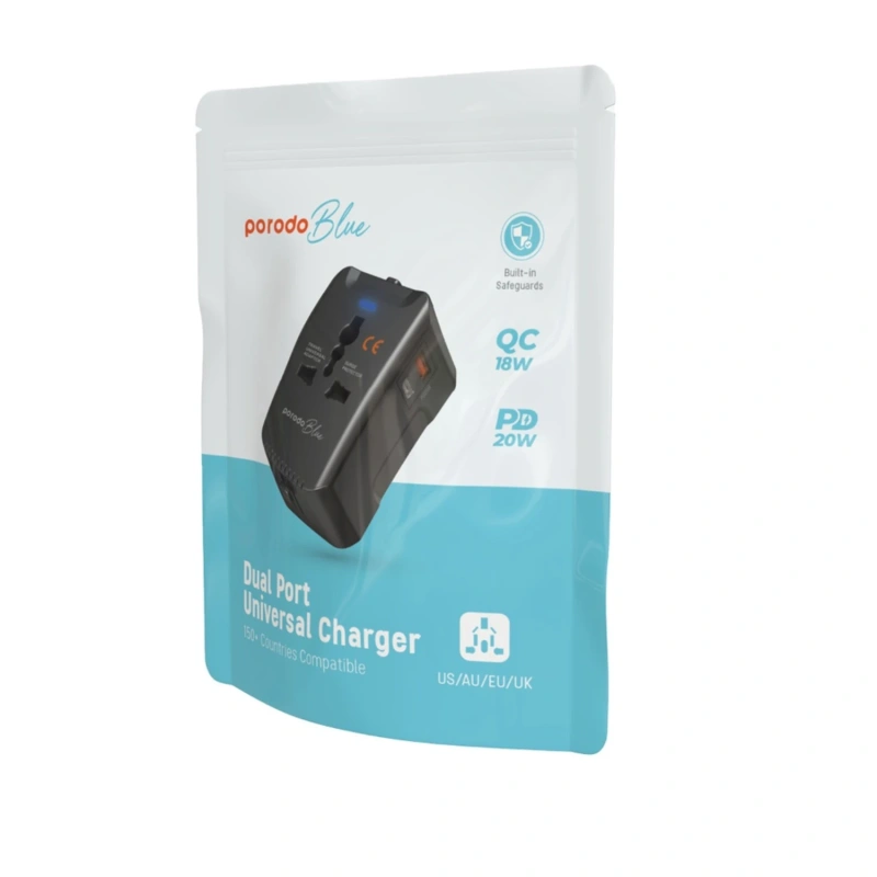 Porodo Blue Dual-Port PD 20W Universal Travel Adapter – Black - Image 3