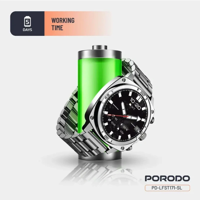 Porodo Chrono Steel 1.43" AMOLED Smartwatch with Wireless Charging & Metal Strap – Silver - Image 3