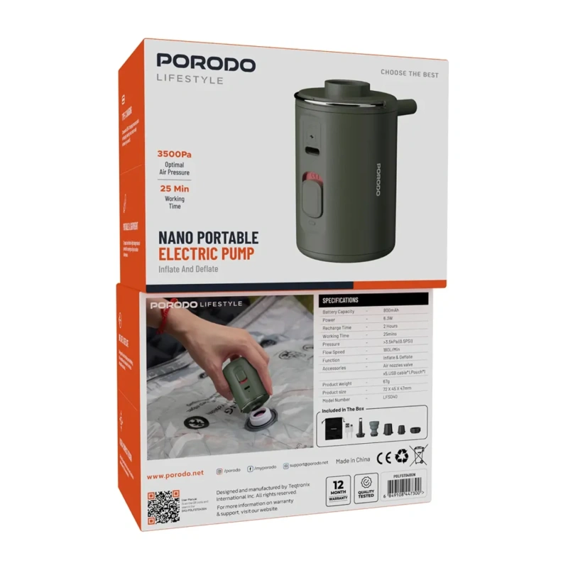 Porodo Lifestyle Nano Portable Camping Air Pump - Green - Image 3