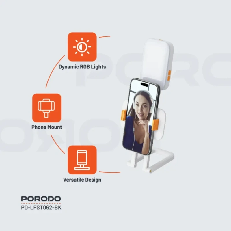 Porodo Lifestyle RGB Fill Light with Phone Holder & Cantilever Arm 1000mAh – White - Image 2