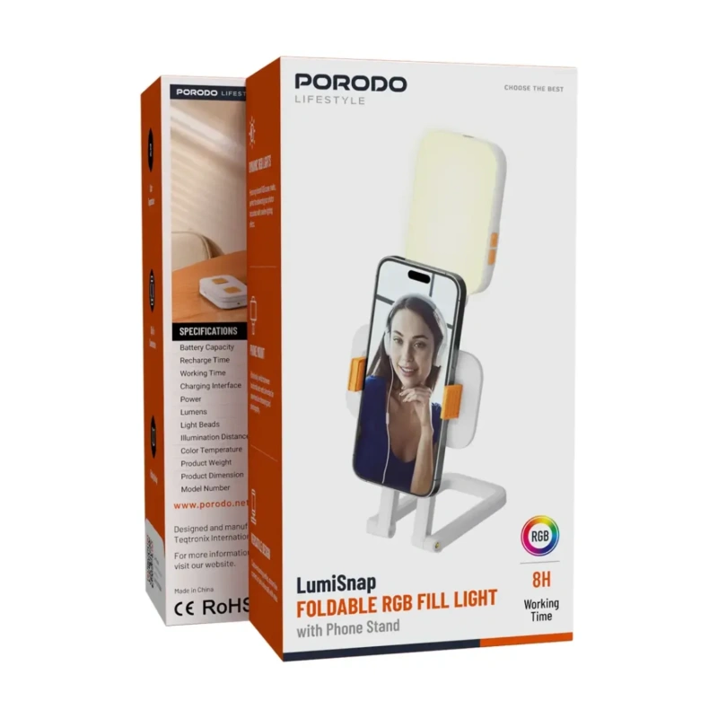 Porodo Lifestyle RGB Fill Light with Phone Holder & Cantilever Arm 1000mAh – White - Image 3