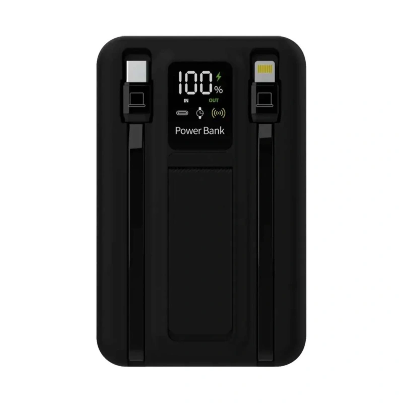 Porodo Magnetic Wireless Power Bank 10000mAh with Built-in USB-C & Lightning Cables – Black - Image 2