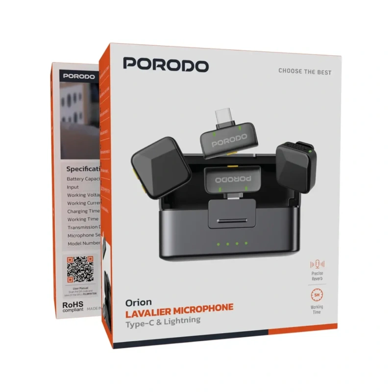 Porodo Orion Lavalier Microphone with 70mAh Mic & 650mAh Case – Apple & USB-C – Black - Image 4