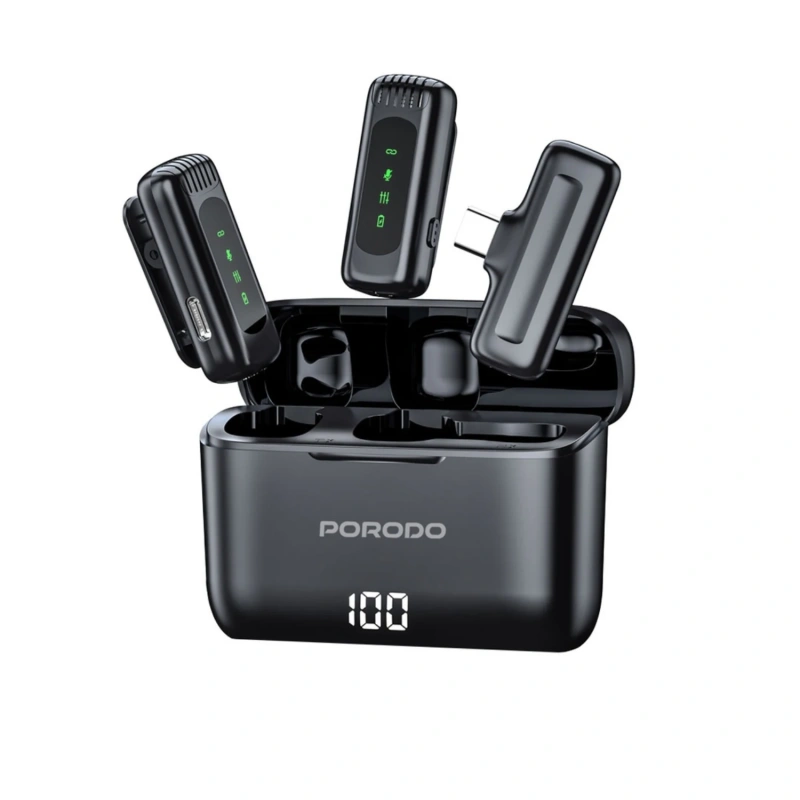 Porodo Professional Wireless Dual Microphone System with Charging Case – Black - Image 2