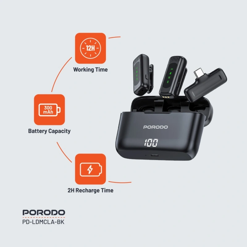 Porodo Professional Wireless Dual Microphone System with Charging Case – Black - Image 3