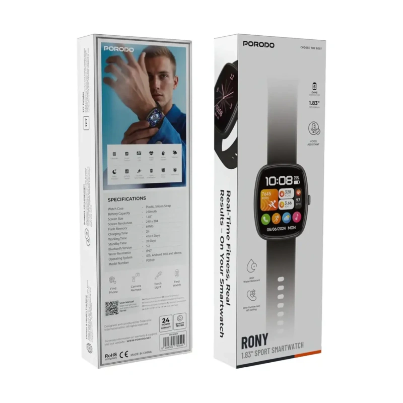 Porodo Rony 1.83" TFT Smartwatch IP67 Waterproof – Black - Image 3