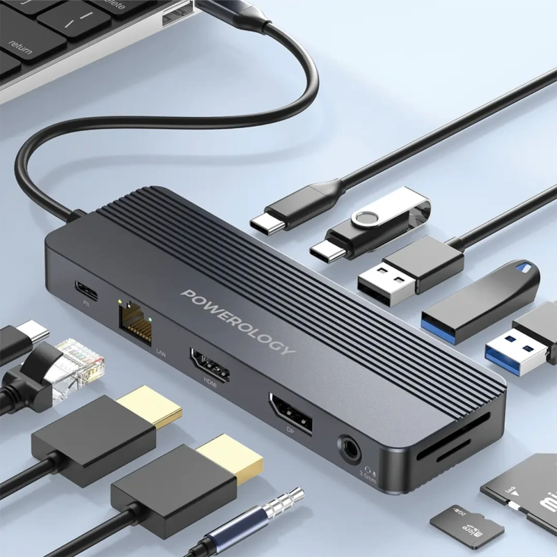 Powerology 12-in-1 USB-C Hub 100W PD USB 3.2 10Gbps - Grey - Image 2