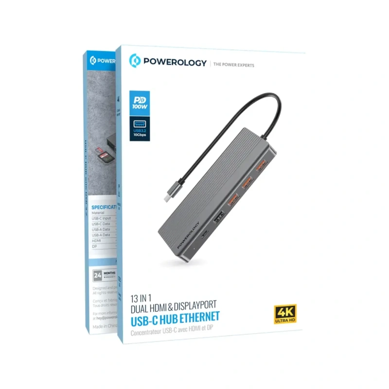 Powerology 13-in-1 USB-C Hub 4K HDMI 100W PD Ethernet SD MicroSD 3.5mm - Dark - Image 5