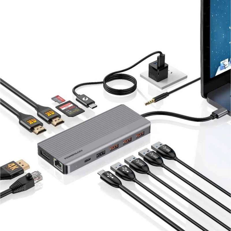 Powerology 13-in-1 USB-C Hub 4K HDMI 100W PD Ethernet SD MicroSD 3.5mm - Dark - Image 4