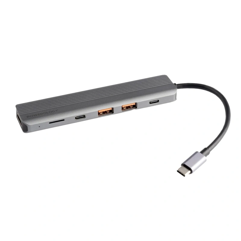 Powerology 6-in-1 Slim USB-C Hub 4K HDMI 100W PD USB MicroSD - Dark Grey - Image 3
