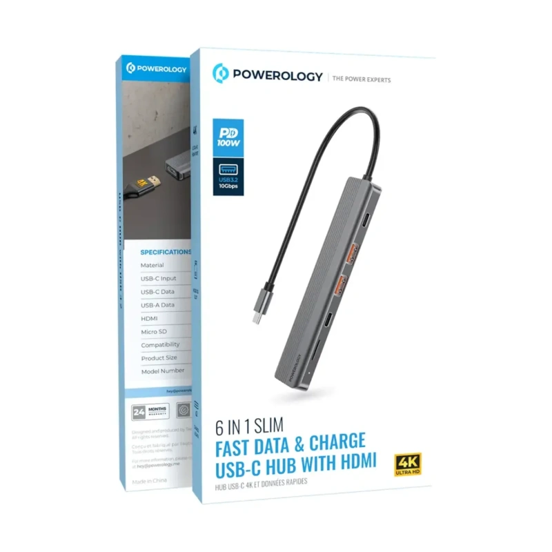 Powerology 6-in-1 Slim USB-C Hub 4K HDMI 100W PD USB MicroSD - Dark Grey - Image 6