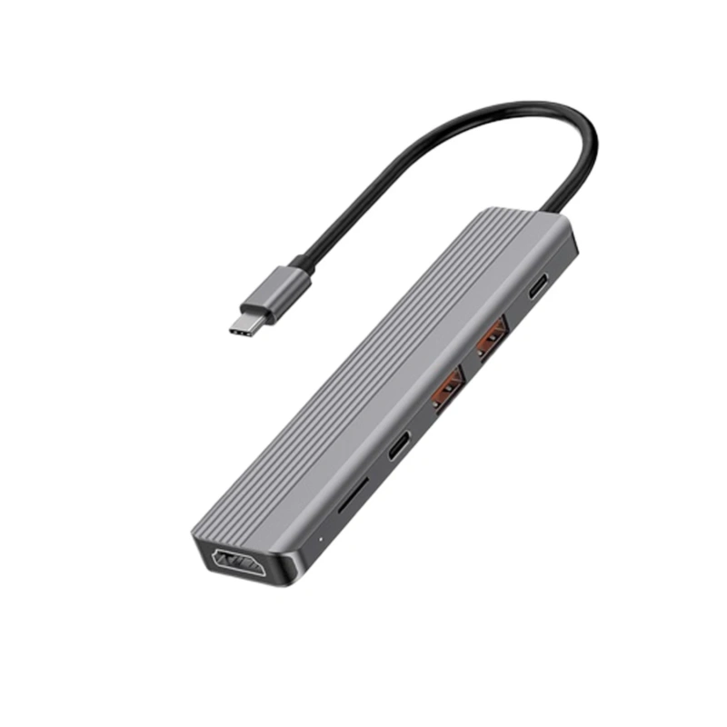 Powerology 6-in-1 Slim USB-C Hub 4K HDMI 100W PD USB MicroSD - Dark Grey - Image 2