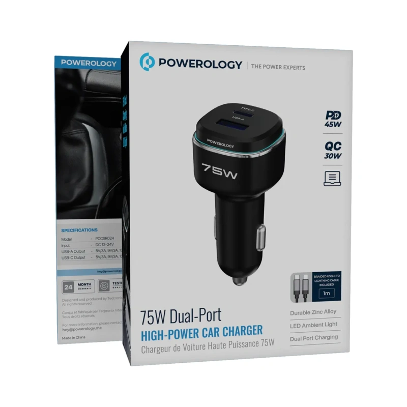 Powerology 75W Car Charger USB-A & USB-C with USB-C to Lightning MFi Cable - Black/Grey - Image 2
