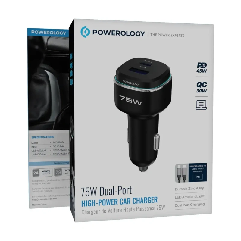 Powerology 75W Car Charger USB-A & USB-C with USB-C to USB-C Cable - Black/Grey - Image 3