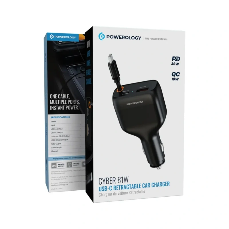 Powerology 81W Car Charger with Retractable USB-C Cable - Black - Image 4