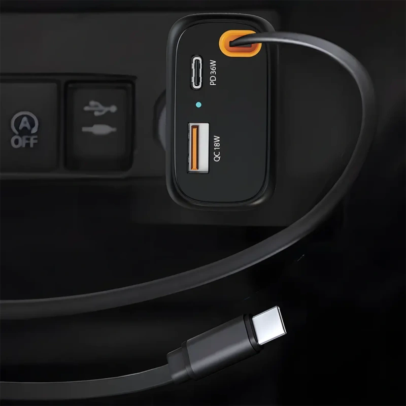 Powerology 81W Car Charger with Retractable USB-C Cable - Black - Image 2