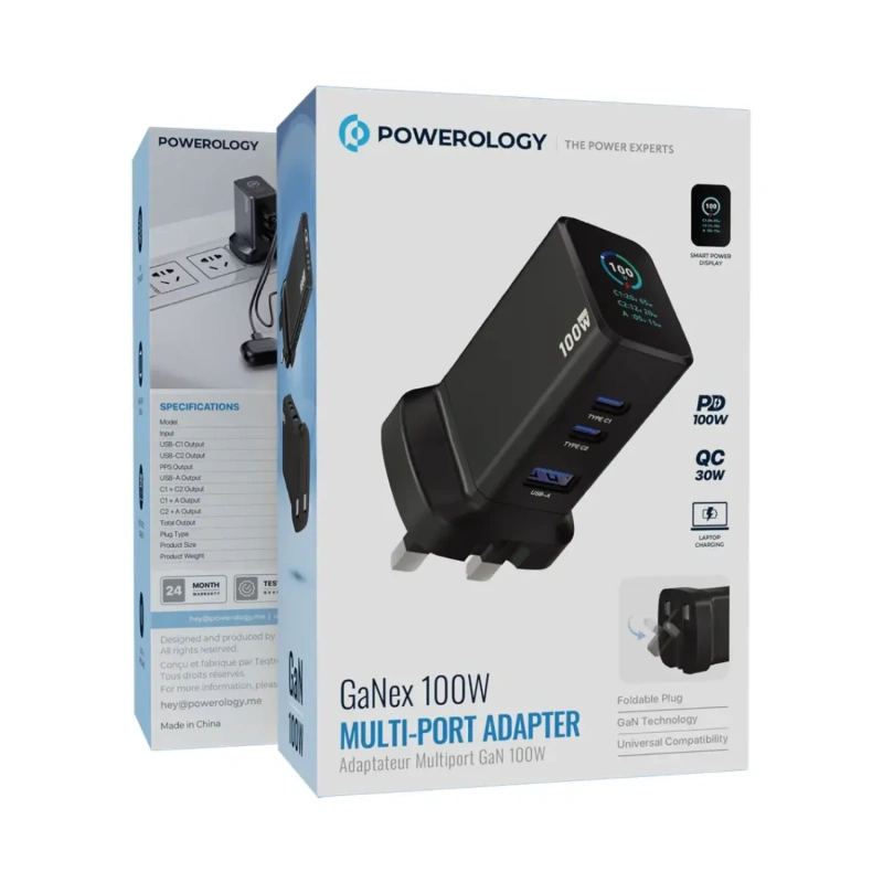 Powerology GaNex 67W GaN Wall Charger USB-C & USB-A with TFT Display - Black - Image 4