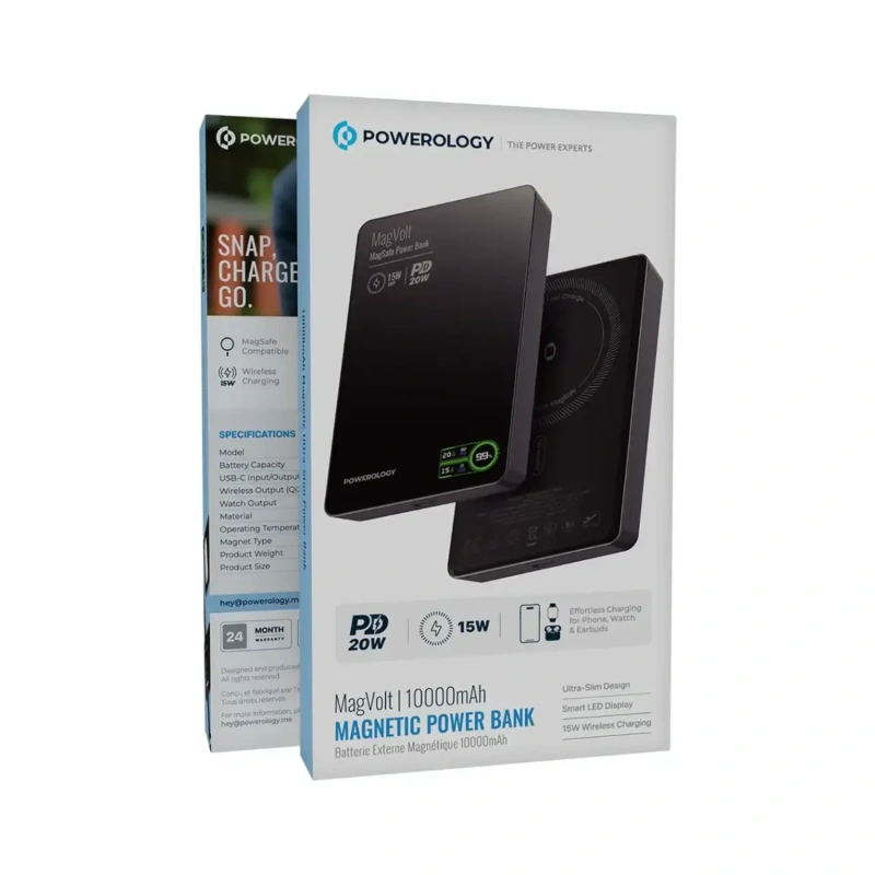 Powerology MagVolt 10000mAh Slim Magnetic Wireless Power Bank with TFT Display - Black - Image 4