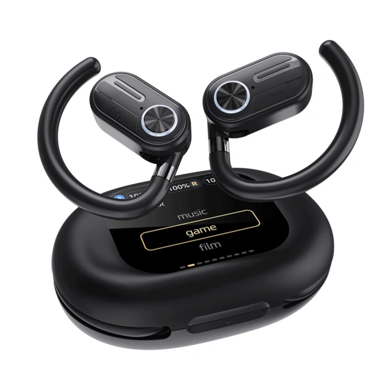 Powerology Open-Ear Air Conduction ENC TWS Earbuds with Display Case - Black - Image 2